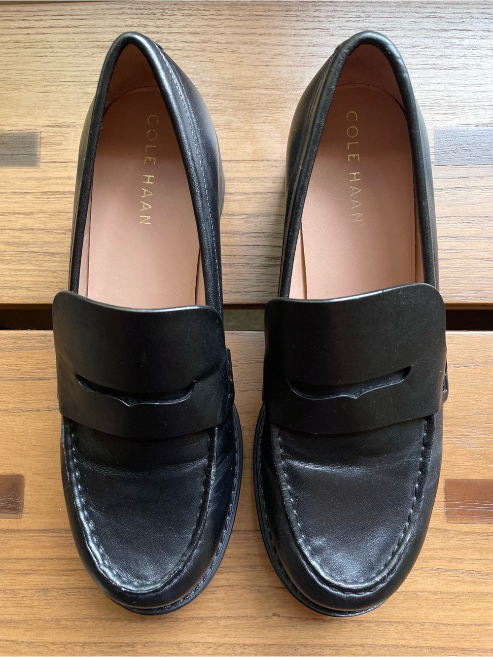 Cole Haan Black Leather Lug Sole Penny Loafers